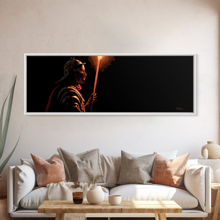 Roman Torch Bearer In Black Canvas Print, Ancient Warrior Wall Art, Dramatic Historical Decor, Masculine Man Cave Gift Print
