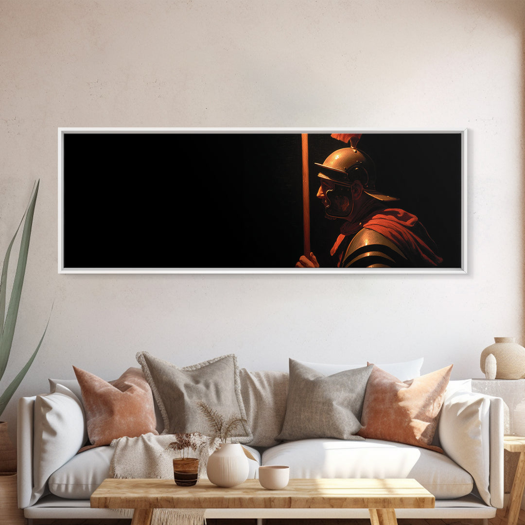 Bold Roman Soldier With Spear Framed Canvas Print, Dark Historical Warrior Wall Art, Masculine Office Decor And Gift For Him