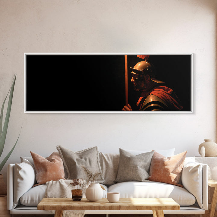 Bold Roman Soldier With Spear Framed Canvas Print, Dark Historical Warrior Wall Art, Masculine Office Decor And Gift For Him