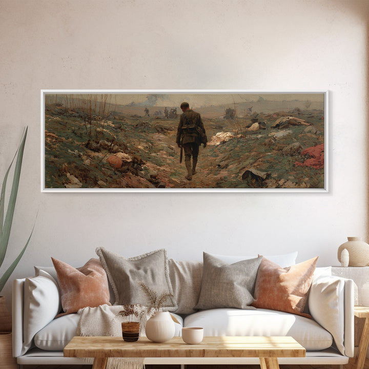 Somber Lone Soldier Battlefield Wall Art, Panoramic Framed Canvas Print, Historical Landscape Decor, Moody Office Wall Art