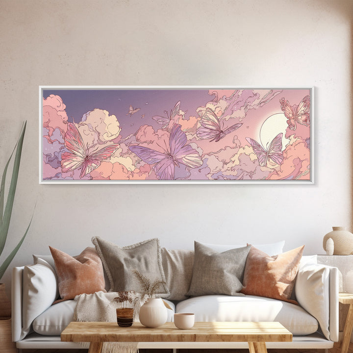 Pink Butterfly Cloudscape Wall Art, Whimsical Celestial Canvas Print, Pastel Nursery Decor, Magical Girls Room Artwork Gift