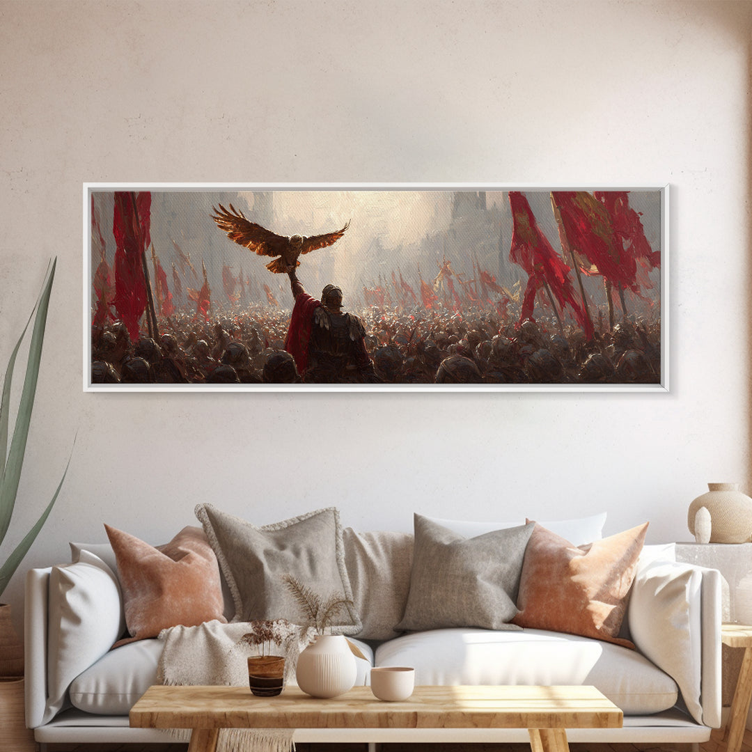 Warrior Raising Eagle Above Red Banners Framed Canvas Print, Epic Battlefield Wall Art, Historical Army Decor Gift For Him