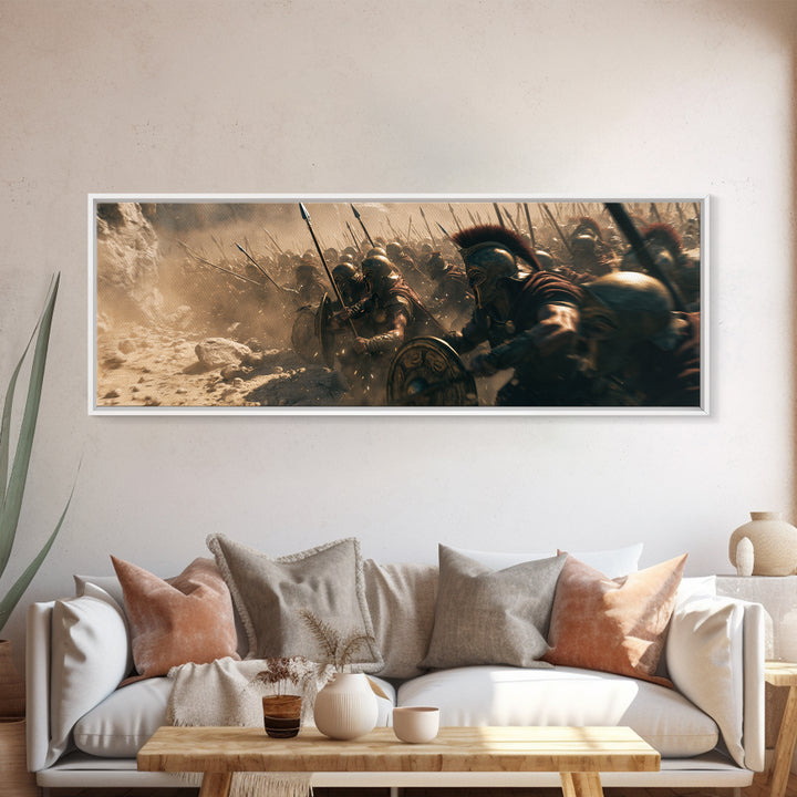 Spartan Phalanx Charging Through Dust Wall Art, Ancient Greek Battle Canvas, Historical Warrior Decor, Dramatic Man Cave Print