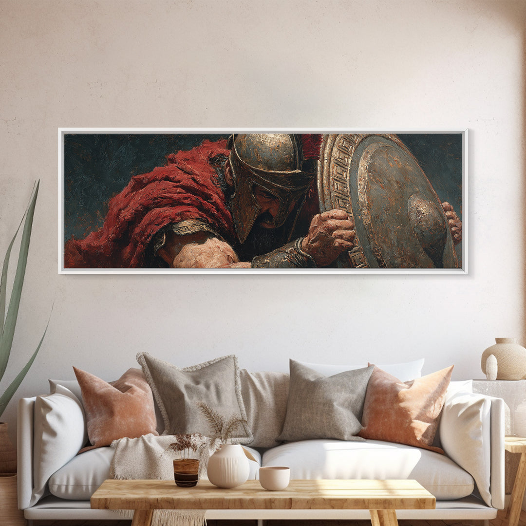 Spartan Warrior With Shield Wall Art, Greek Battle Canvas Print, Dark Masculine Historical Decor For Office And Living Room