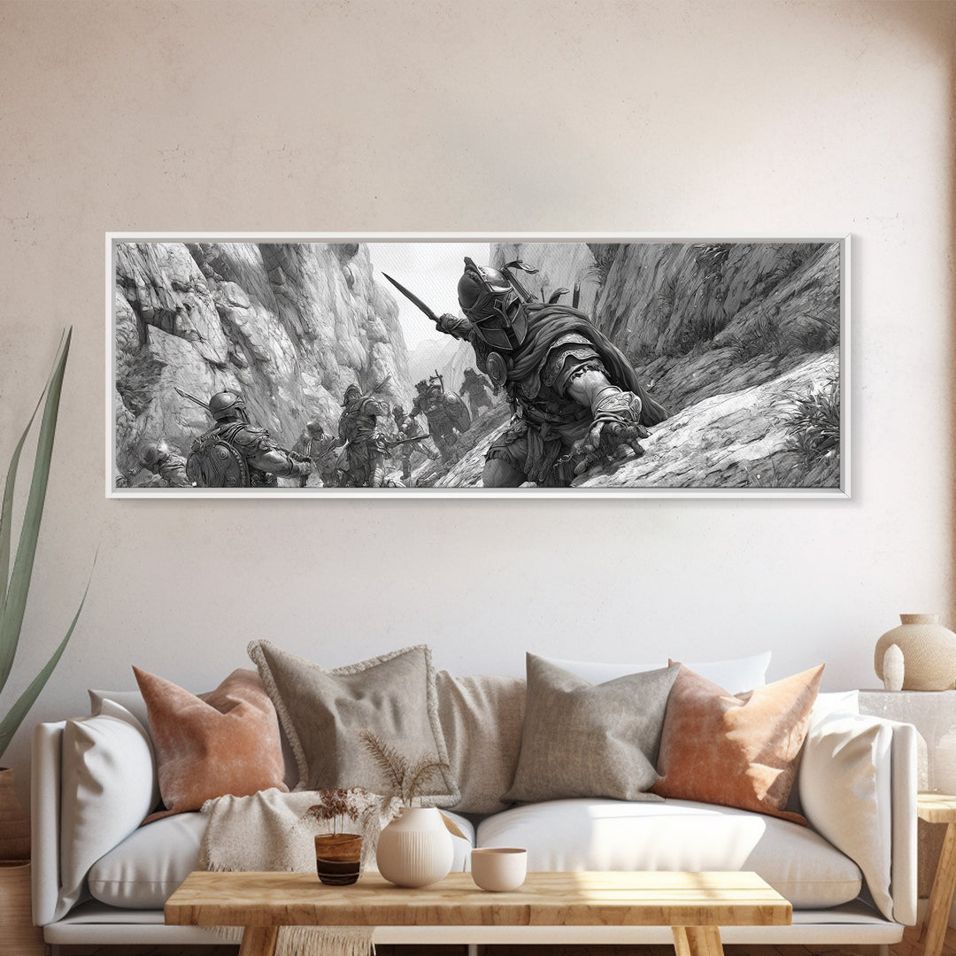 Black And White Canyon Ambush Wall Art, Medieval Warrior Canvas Print, Historic Battle Illustration, Masculine Decor, Office Wall Art