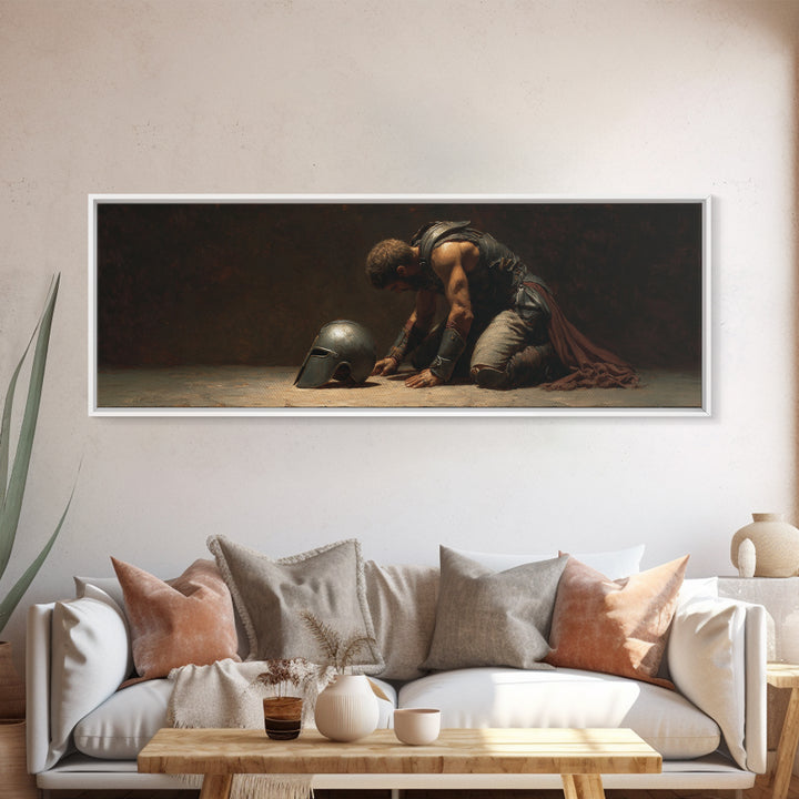 Kneeling Gladiator With Helmet Framed Canvas Print, Dark Academia Wall Art, Classical Warrior Decor, Gift For Him, Office Decor