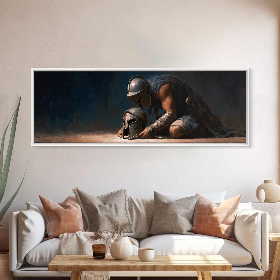 Kneeling Ancient Warrior With Battle Helmets Framed Canvas Print, Dark Fantasy Wall Art For Man Cave Office Decor, Gift For Him