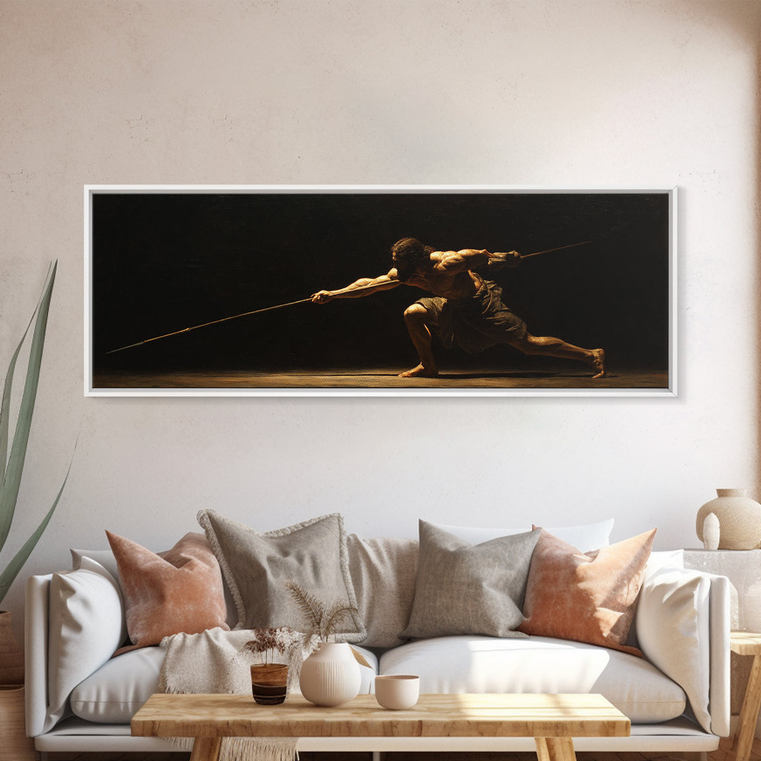 Spear Warrior In Dramatic Shadow Framed Canvas Print, Ancient Fighter Wall Art, Black And Gold Decor, Masculine Office Gift