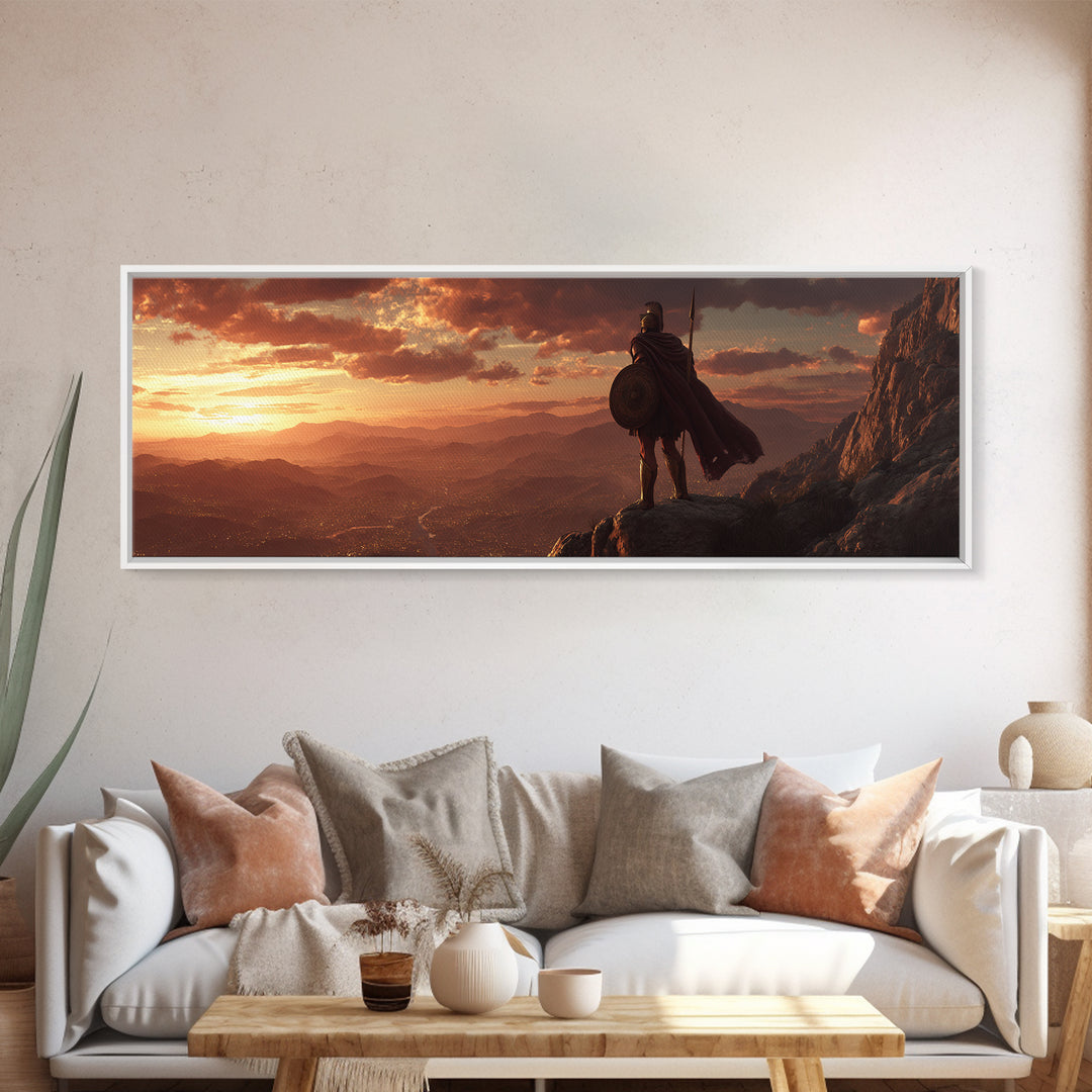 Lone Warrior Over Mountain Valley Sunset Wall Art, Epic Fantasy Landscape, Medieval Adventure Decor, Panoramic Canvas Print
