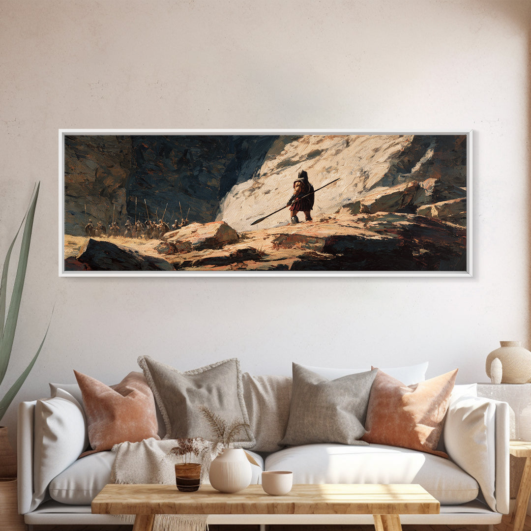Lone Warrior In Snowy Mountain Pass Canvas Print, Ancient Battle Landscape, Fantasy Wall Art, Rustic Masculine Decor, Large Horizontal Art