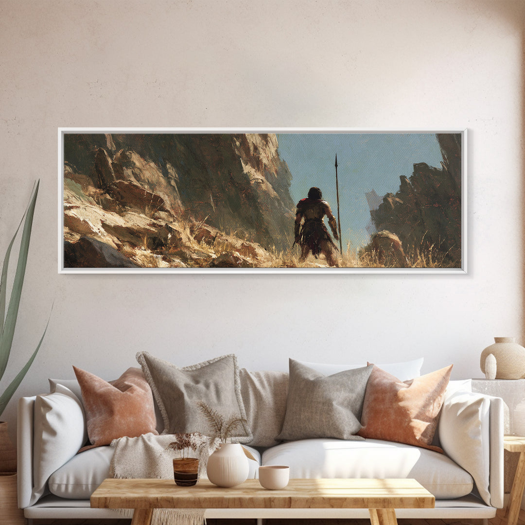 Warrior Crossing Rocky Canyon Wall Art, Ancient Fantasy Landscape Canvas Print, Desert Adventure Decor, Masculine Gift For Him