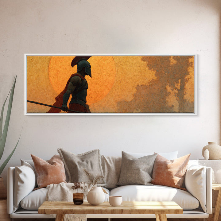 Ancient Greek Warrior Silhouette Wall Art, Spartan Spear Canvas Print, Mythology Decor, Masculine Office Art, Gift For Him