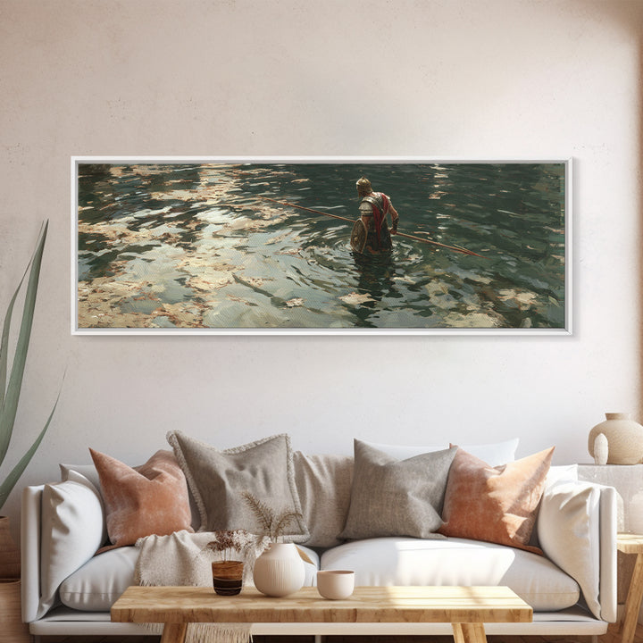 Armored Warrior Wading Through Reflective Water Wall Art, Ancient Spear Soldier, Moody Seascape Decor, Canvas Print Gift