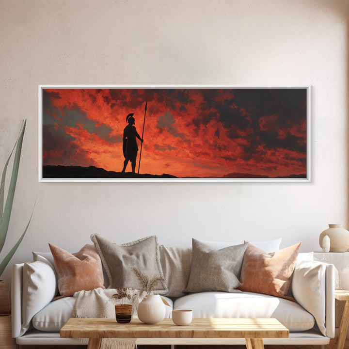 Spartan Warrior Silhouette At Red Sunset Wall Art, Greek Historical Canvas Print, Dramatic Masculine Living Room Decor Gift