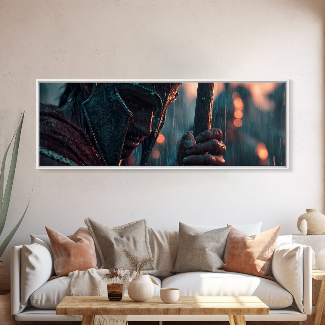 Rain Soaked Armored Warrior Portrait Wall Art, Cinematic Fantasy Canvas Print, Dark Battle Decor, Masculine Office Poster