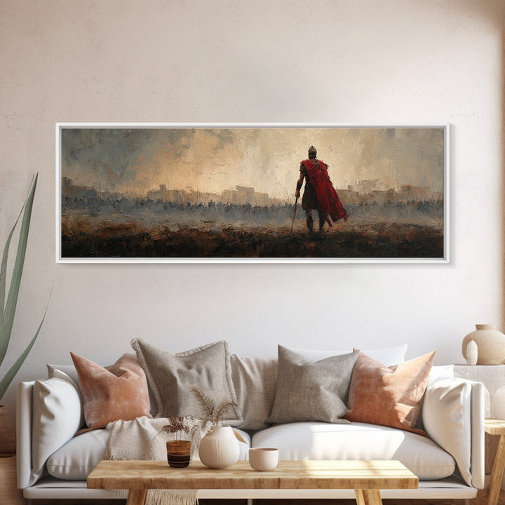 Roman Warrior In Red Cape Over Ancient City Canvas Print, Classical Wall Art, Masculine Office Decor, Historical Gift For Him