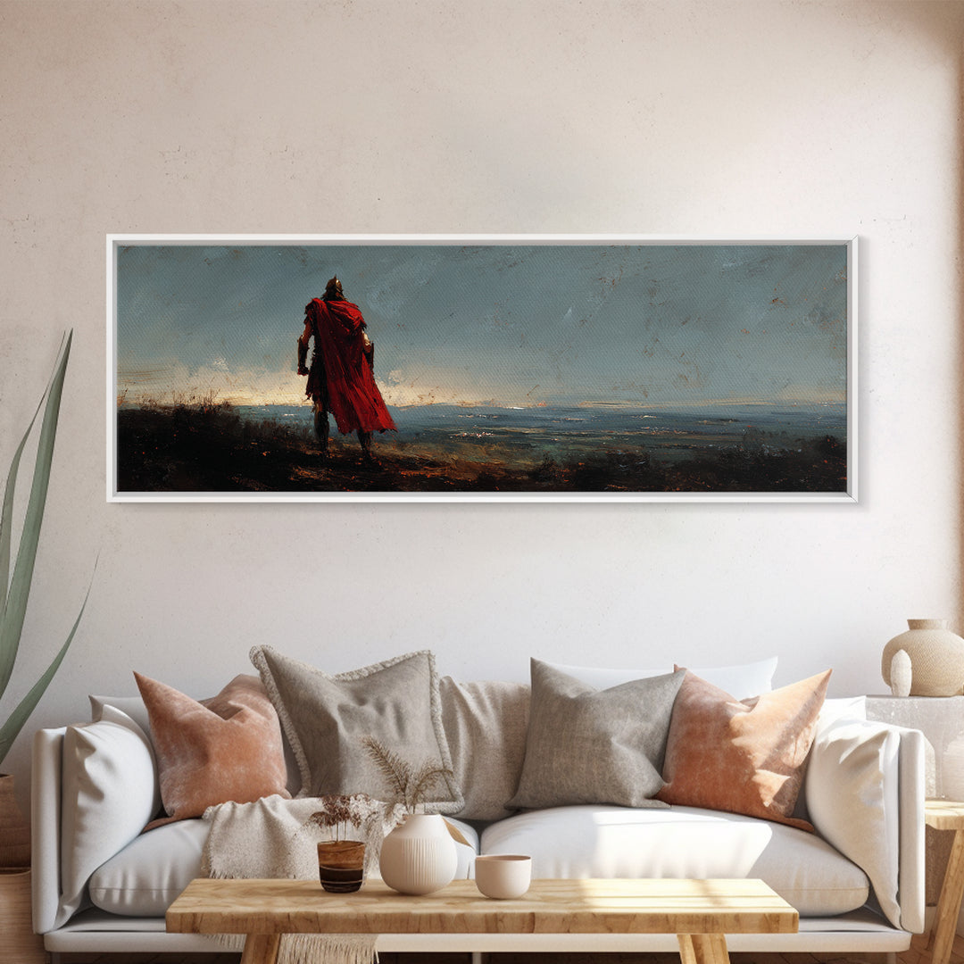 Lone Warrior In Red Cloak Wall Art, Epic Fantasy Landscape Canvas Print, Moody Medieval Decor, Statement Artwork, Gift For Him