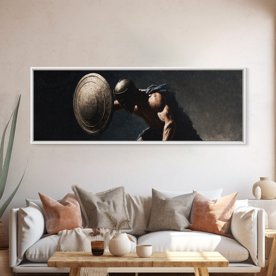 Ancient Hoplite With Round Shield Canvas Print, Greek Warrior Wall Art, Masculine Office Decor, Dark Historical Artwork Gift