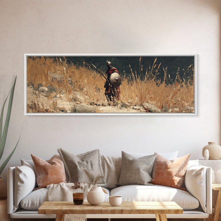 Lone Ancient Warrior In Golden Grass Framed Canvas Print, Historical Wall Art, Rustic Home Decor, Masculine Office Decor