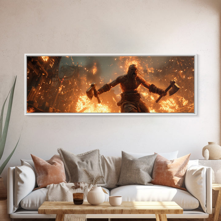 Viking Berserker With Twin Axes Wall Art, Burning Village Battle Scene, Norse Warrior Decor, Dark Fantasy Canvas Print, Large Art