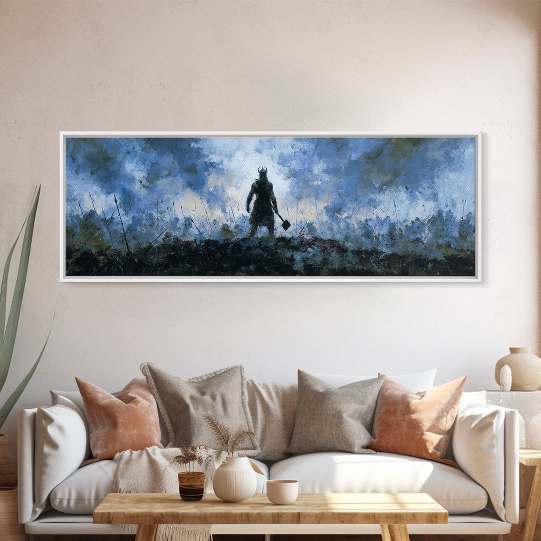 Dark Viking With Hammer Wall Art, Stormy Norse Warrior Canvas Print, Moody Fantasy Decor, Masculine Office Artwork Gift For Him