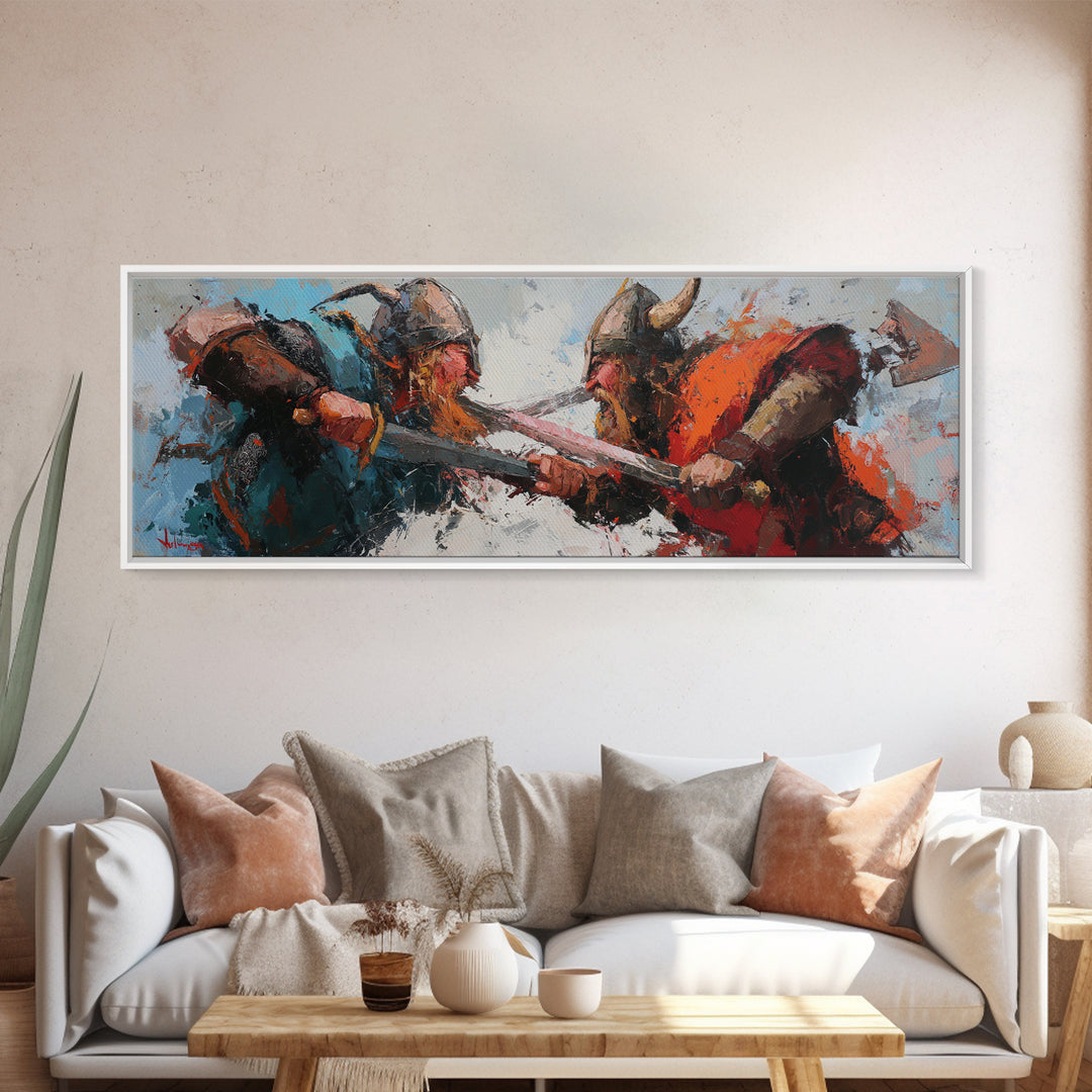 Viking Warriors Clashing With Axes Canvas Print, Norse Wall Art, Dark Fantasy Decor, Medieval Battle Artwork For Him, Man Cave Decor