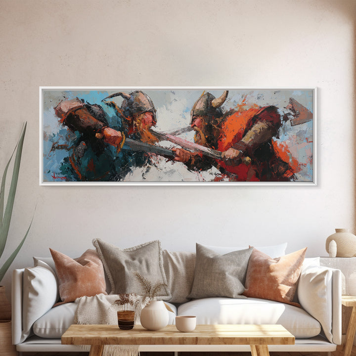 Viking Warriors Clashing With Axes Canvas Print, Norse Wall Art, Dark Fantasy Decor, Medieval Battle Artwork For Him, Man Cave Decor