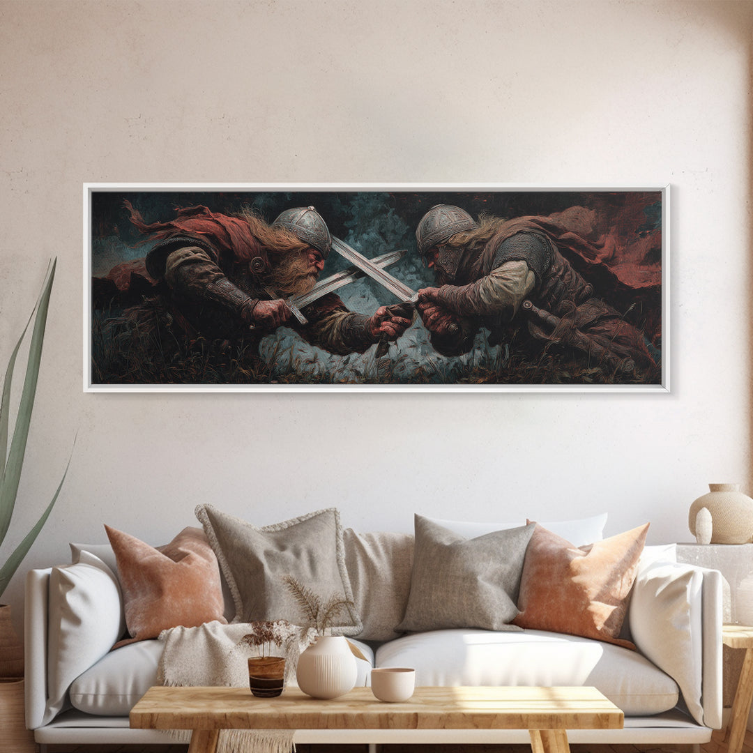 Viking Duel With Crossed Swords Framed Canvas Print, Dark Fantasy Wall Art, Medieval Warrior Decor, Man Cave Art, Gift For Him