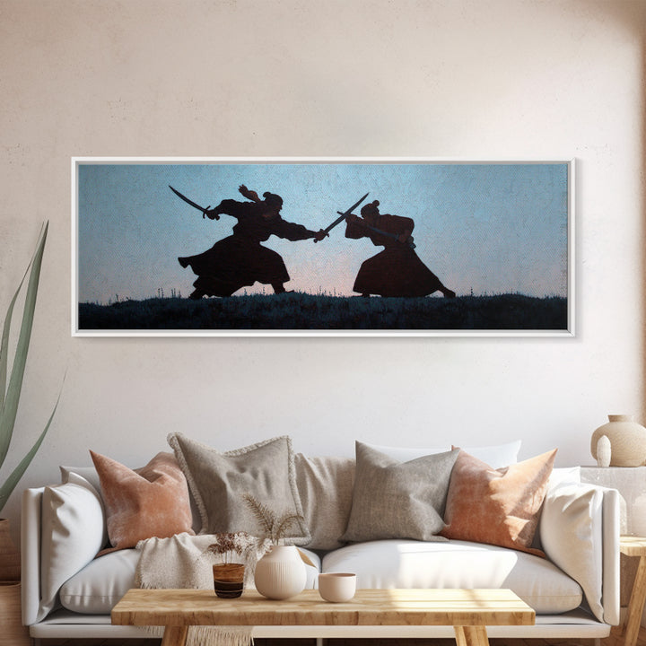 Samurai Duel Silhouette Wall Art, Japanese Warrior Canvas Print, Minimal Black And White Decor For Office And Living Room