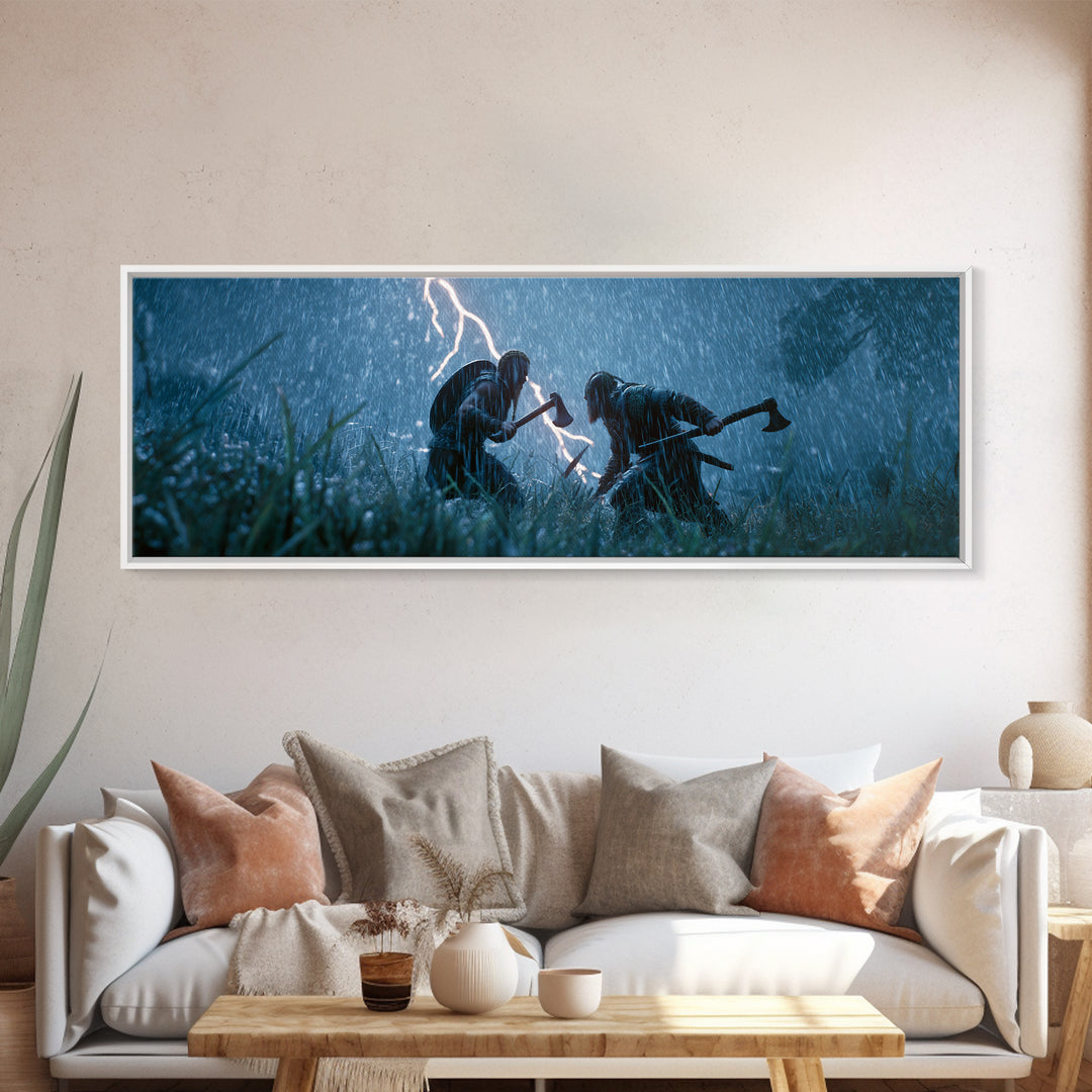 Viking Warriors In Lightning Rain Canvas Print, Dark Medieval Battle Wall Art, Stormy Fantasy Decor, Dramatic Game Room Decor