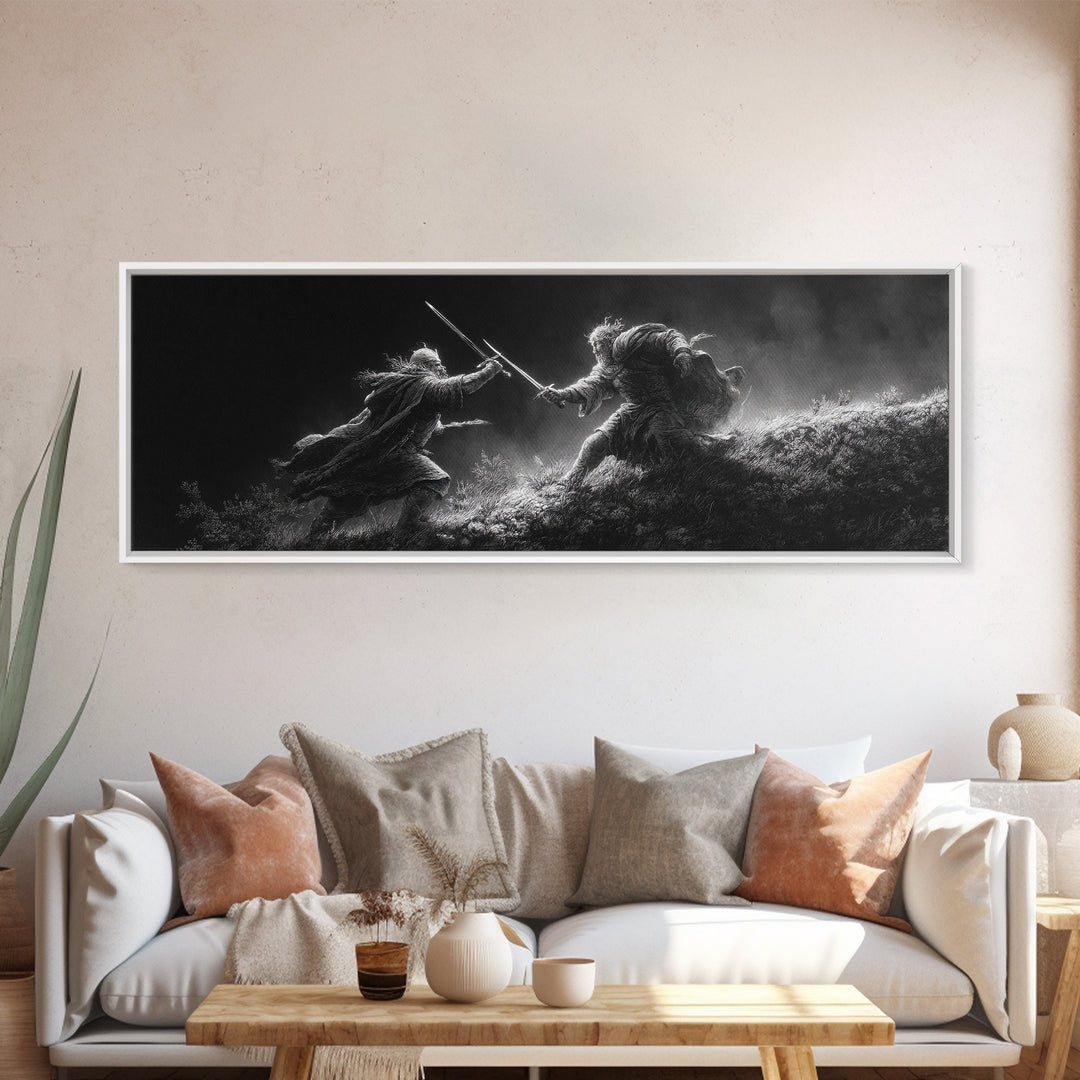 Black And White Warrior Duel Wall Art, Dark Fantasy Battle Print, Cinematic Viking Decor, Masculine Office, Gift For Him