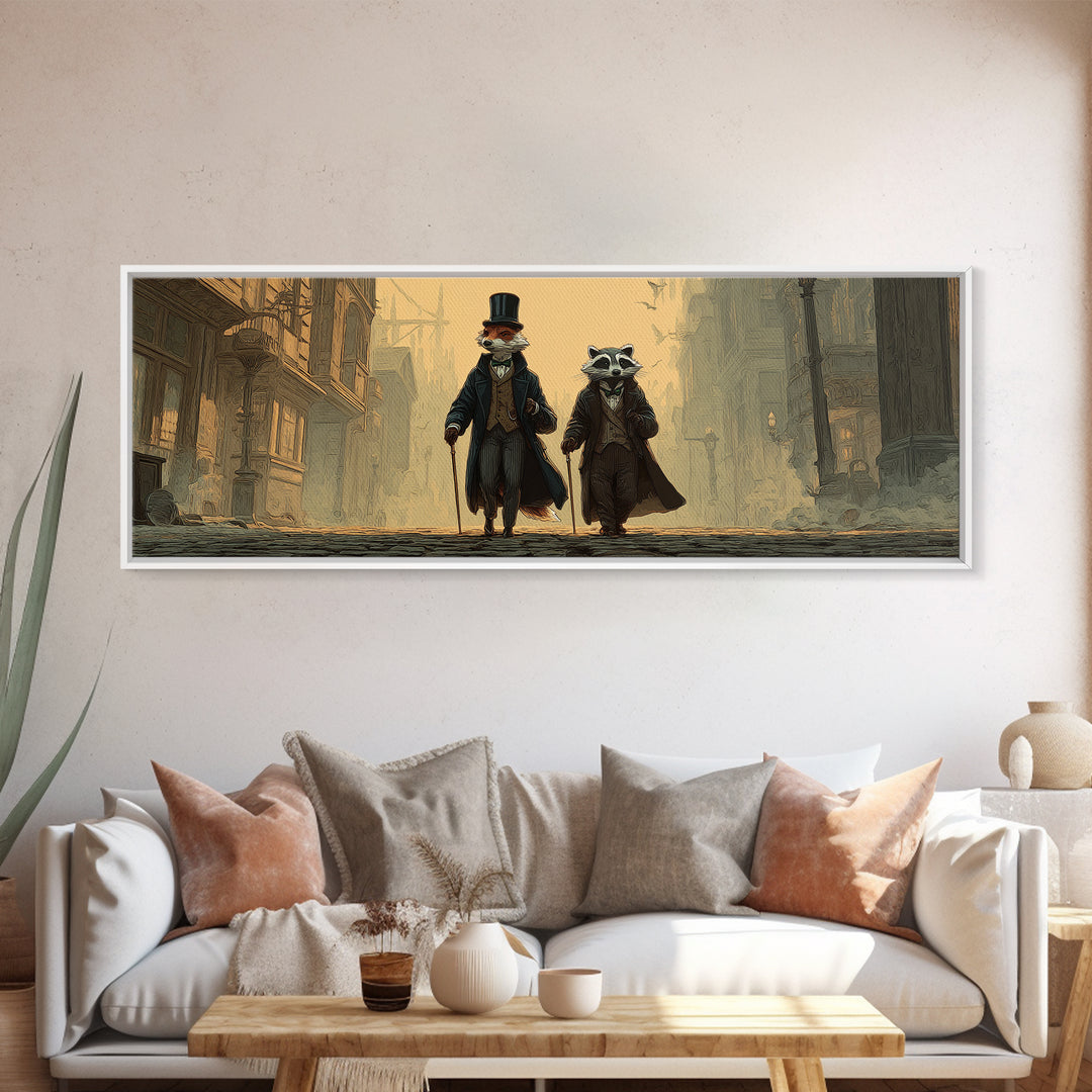 Dapper Fox And Raccoon Stroll Wall Art, Whimsical Animal Portrait, Victorian Street Fantasy Decor For Kids Room Canvas Print
