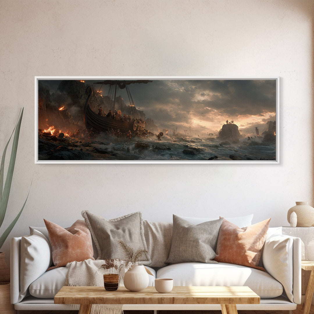 Viking Longship Landing On Stormy Shore Wall Art, Norse Battle Seascape, Dark Fantasy Decor, Dramatic Nautical Canvas Print