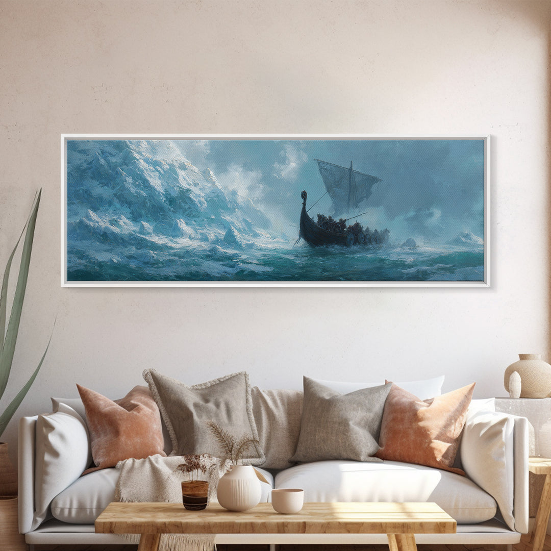Viking Longship On Stormy Sea Wall Art, Nordic Ocean Seascape Painting, Nautical Living Room Decor, Adventure Gift For Him