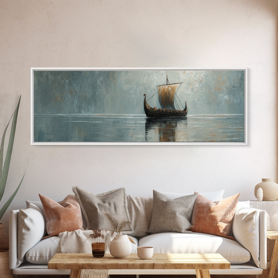 Viking Longship Sailing Through Misty Waters Canvas Print, Nautical Wall Art, Nordic Decor, Lake House Coastal Artwork Gift