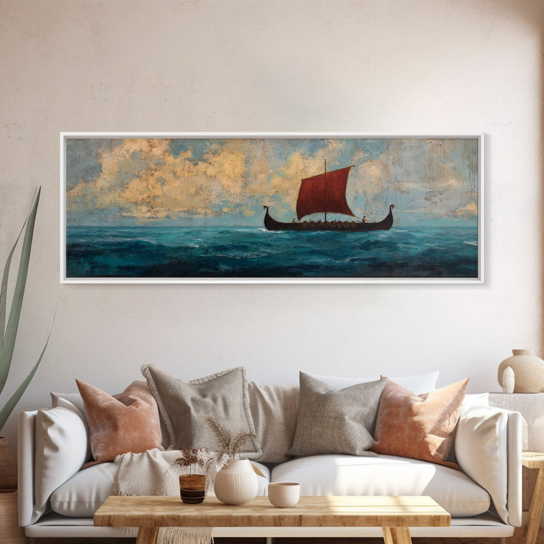 Viking Longship With Red Sail Canvas Print, Nautical Wall Art, Nordic Seascape Decor, Coastal Living Room Art, Ocean Wall Decor