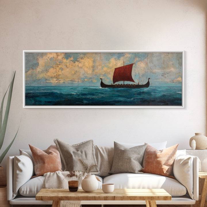 Viking Longship With Red Sail Canvas Print, Nautical Wall Art, Nordic Seascape Decor, Coastal Living Room Art, Ocean Wall Decor