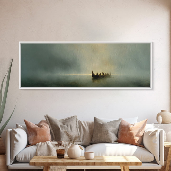 Misty Boat On Silent Lake Framed Canvas Print, Moody Seascape Wall Art, Serene Landscape Decor, Peaceful Home Gift Print