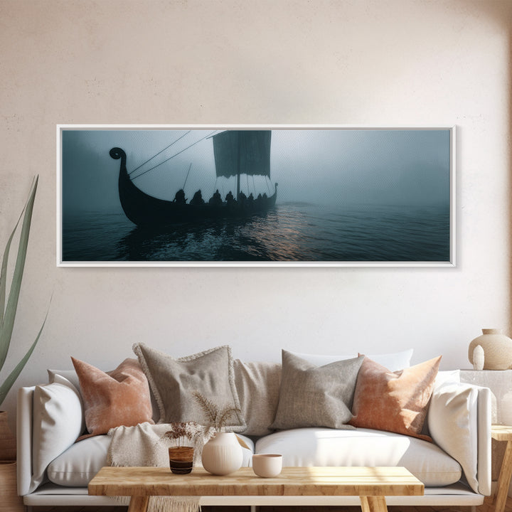 Viking Longship In Misty Waters Wall Art, Nordic Seascape Canvas Print, Nautical Coastal Decor, Moody Living Room Art Print
