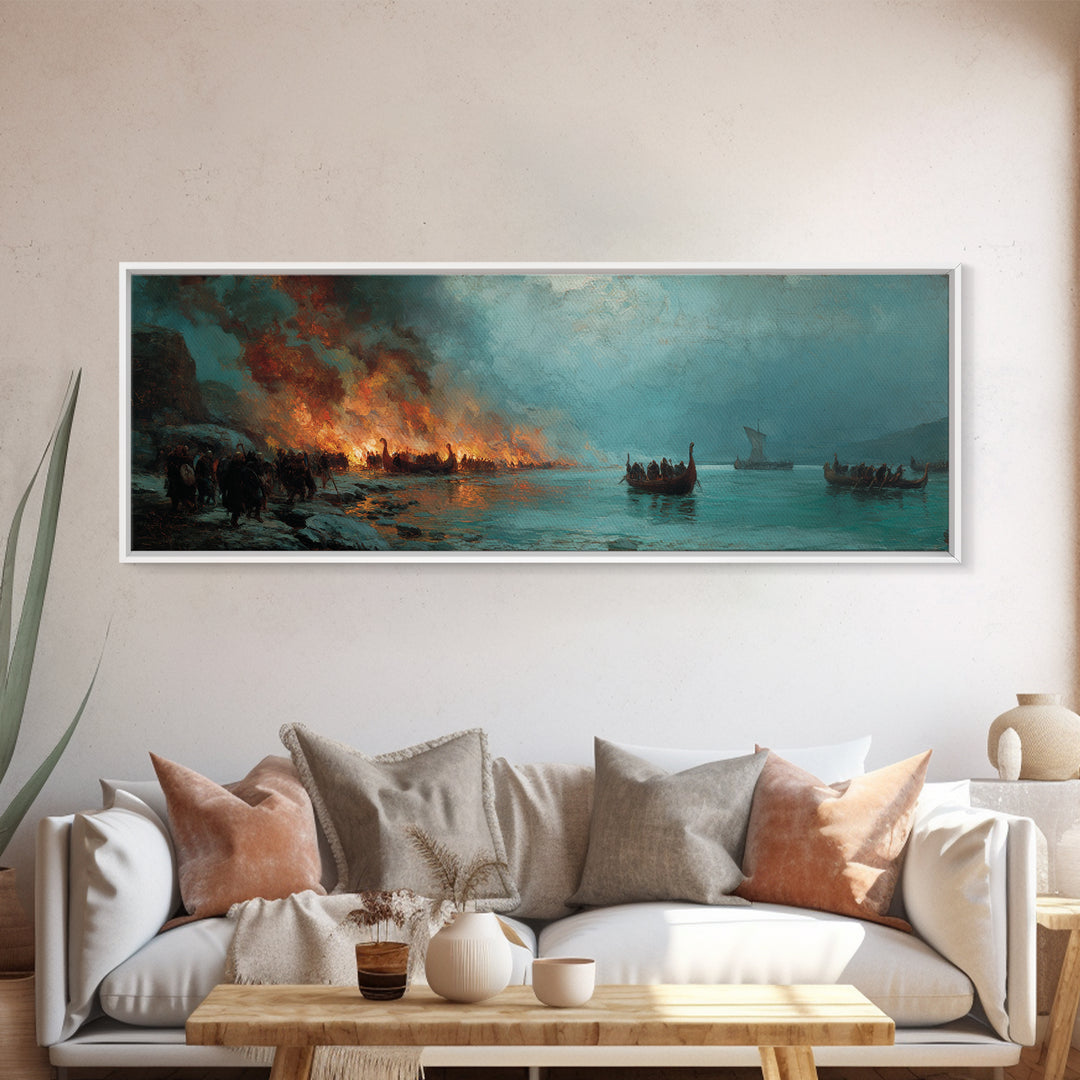 Viking Longboats By Burning Shore Framed Canvas Print, Nordic Seascape, Historical Wall Art, Moody Nautical Decor, Large Horizontal Art