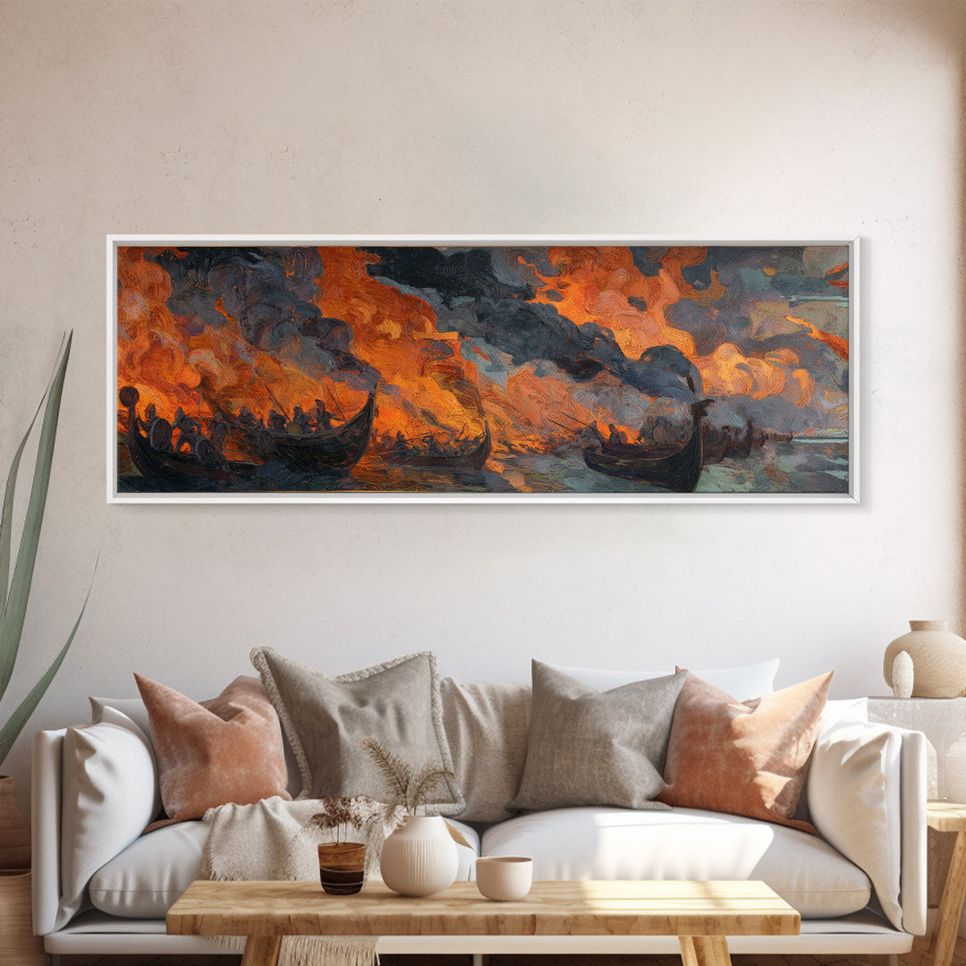 Burning Viking Longships Framed Canvas Print, Fiery Battle Seascape Wall Art, Norse Saga Decor, Dark Coastal Artwork For Men