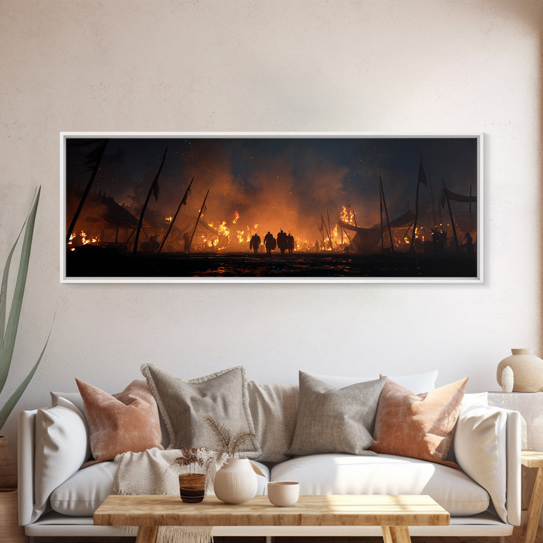Burning Medieval Camp At Night Wall Art, Dark Fantasy Canvas Print, Fiery Battle Scene, Gothic Game Room Decor, Masculine Wall Decor
