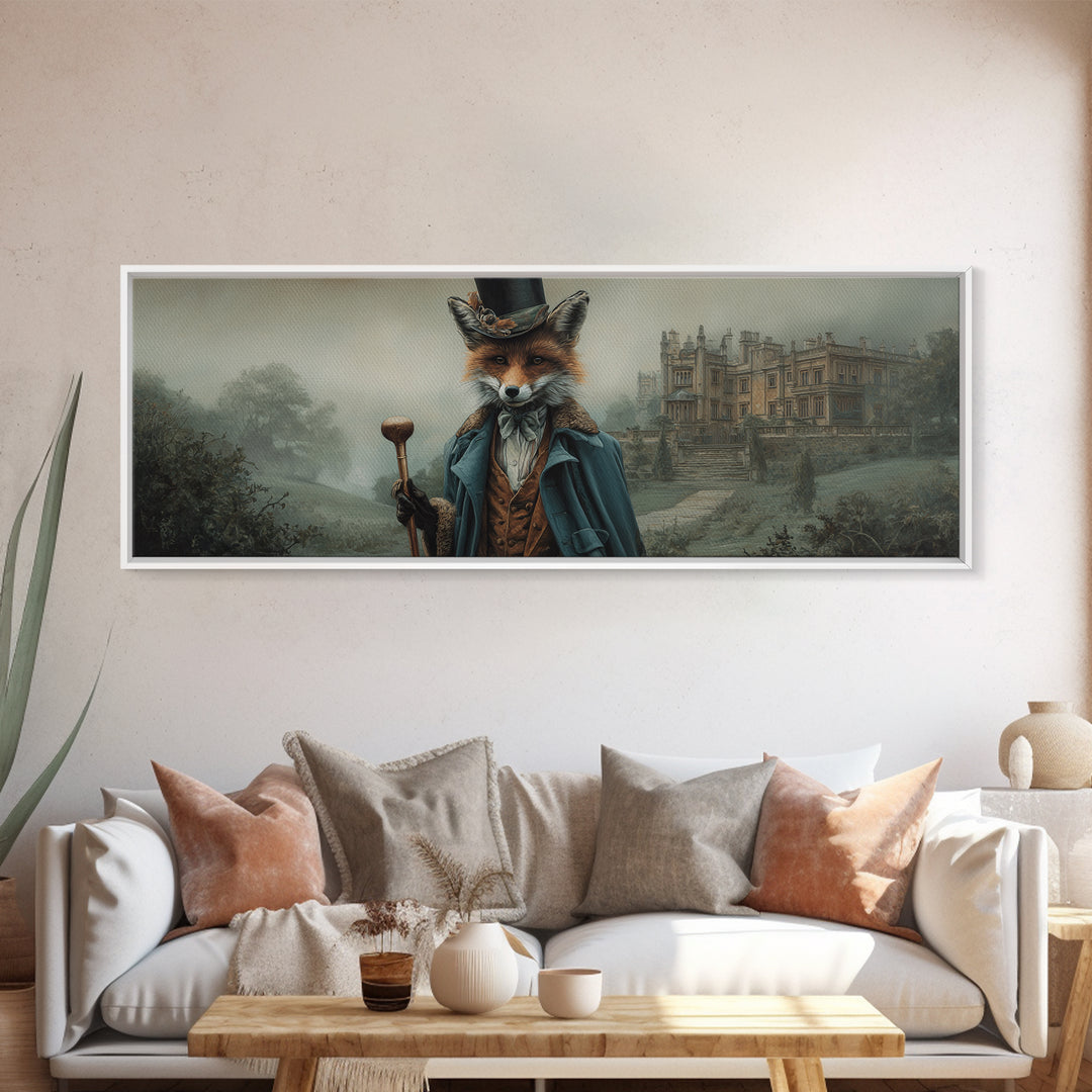Victorian Fox Gentleman At Misty Manor Framed Canvas Print, Whimsical Animal Portrait, Dark Academia Country House Wall Art