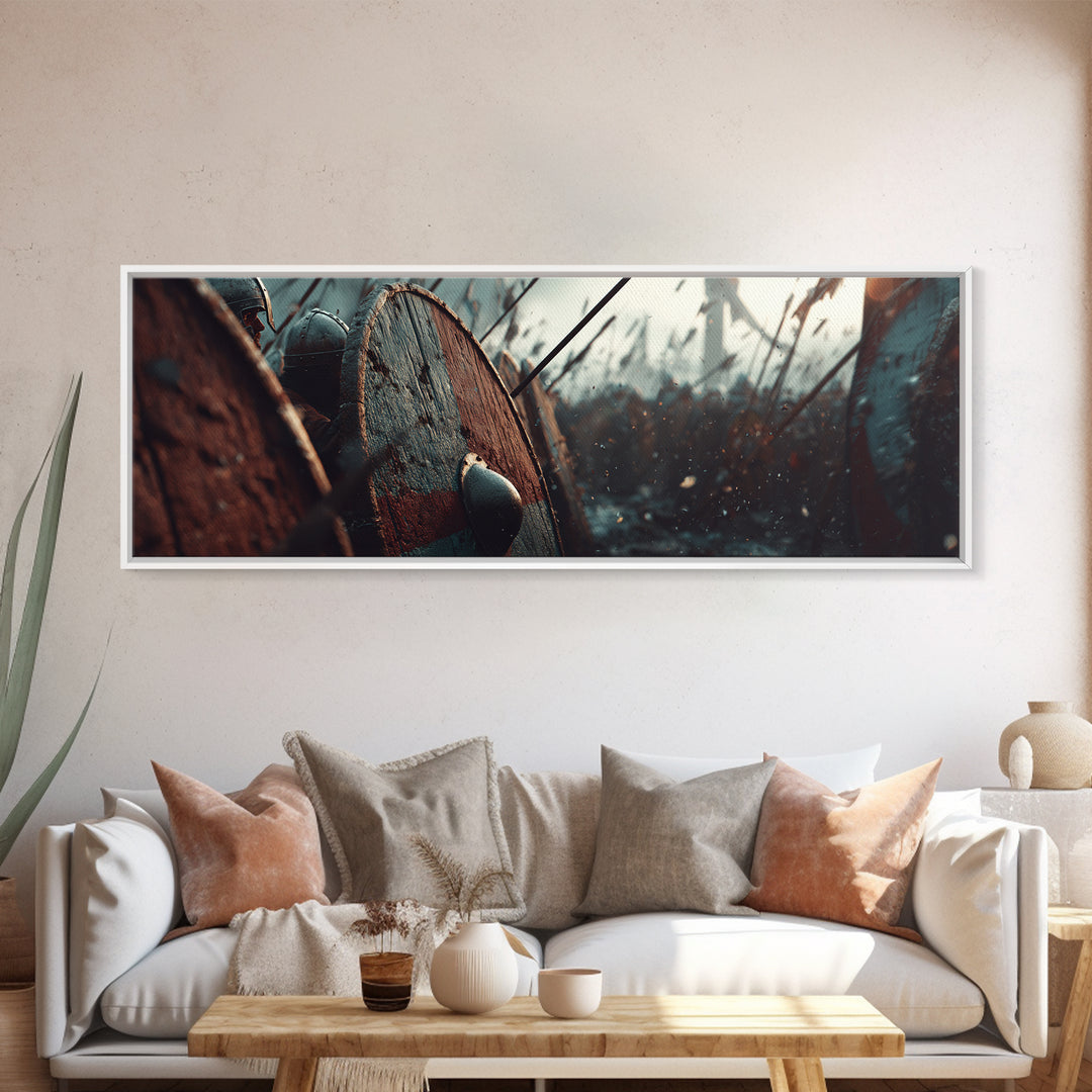 Shield Wall In Snowy Battle Wall Art, Viking Warfare Canvas Print, Spear And Round Shield Decor, Medieval Game Room Decor