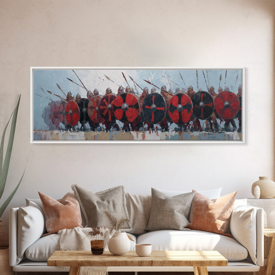 Red Shield Viking Army Framed Canvas Print, Norse Battle Wall Art, Medieval Warrior Decor, Large Horizontal Artwork For Him