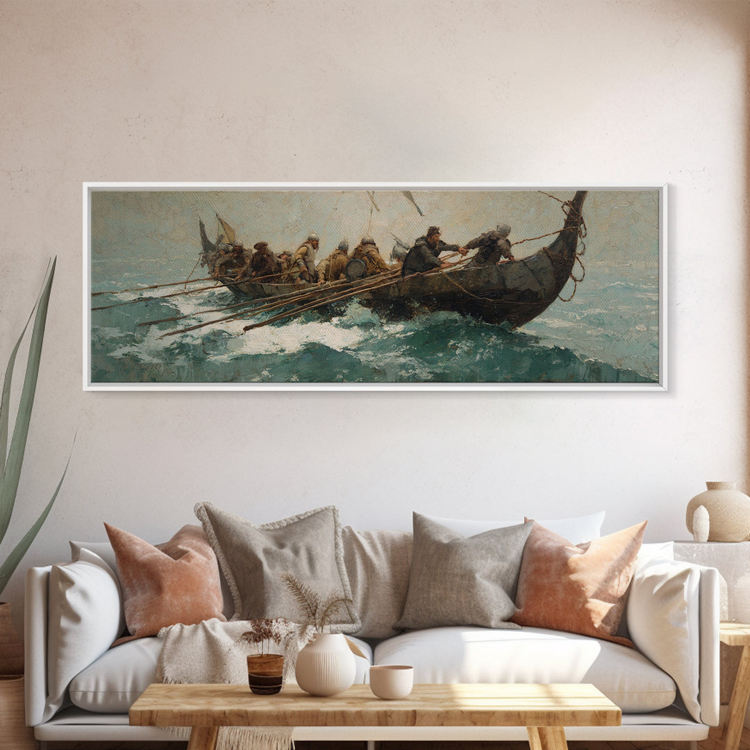 Viking Longboat Battling Turquoise Sea Wall Art, Nautical Canvas Print, Norse Warrior Decor, Coastal Historical Art For Men
