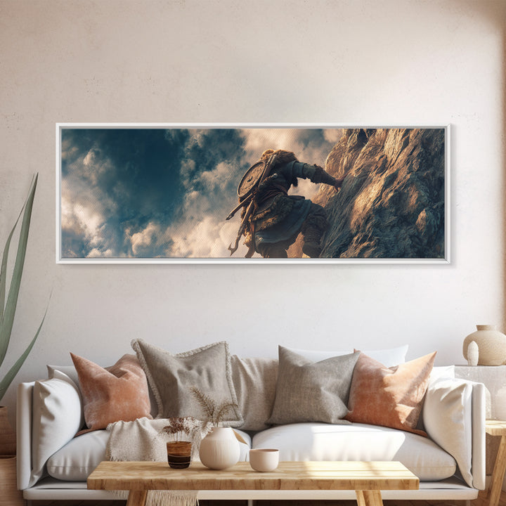 Viking Climber Scaling Sheer Cliff Wall Art, Adventure Fantasy Canvas Print, Nordic Landscape Decor, Gift For Him, Office Poster