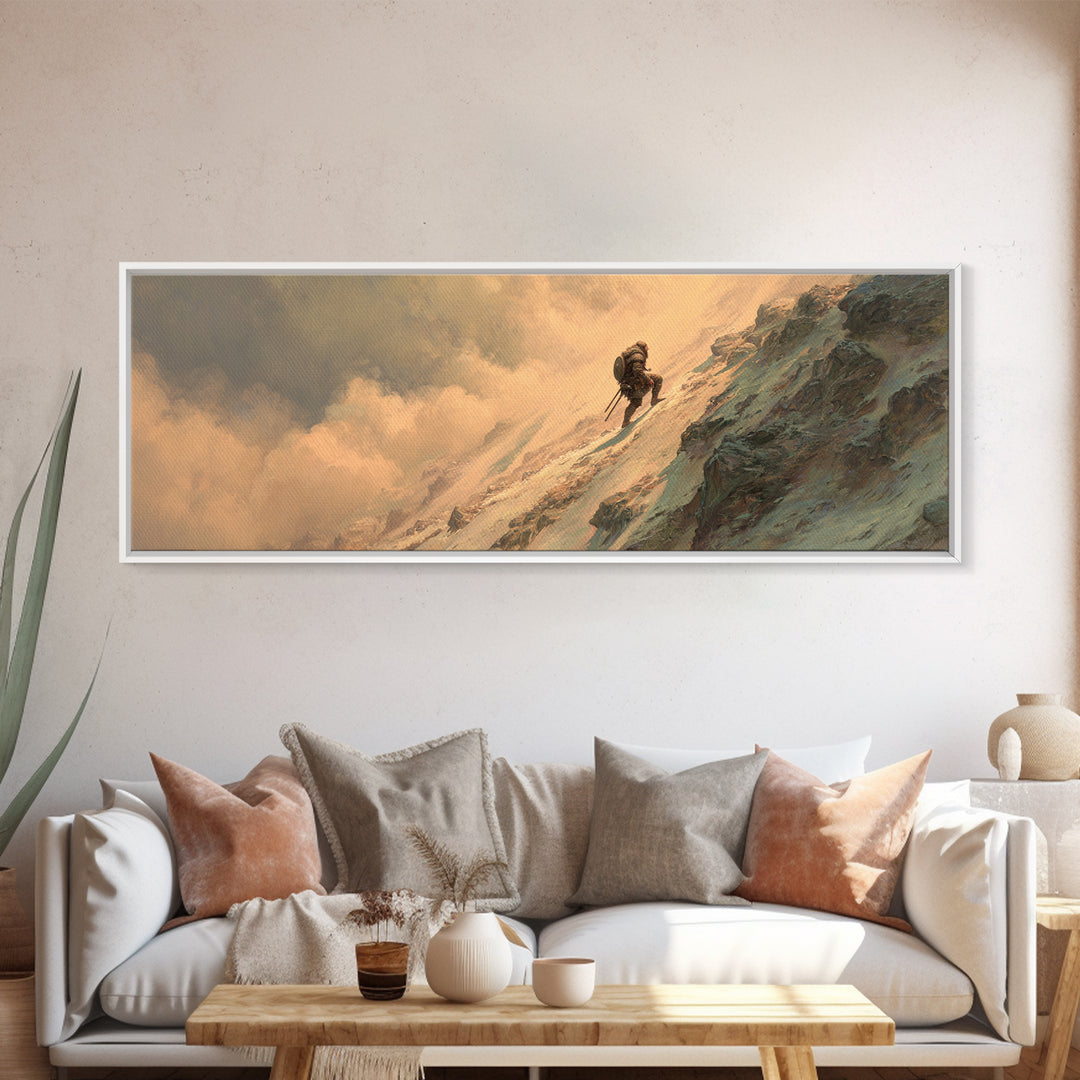 Lone Mountaineer On Snowy Cliff Wall Art, Epic Fantasy Landscape Canvas, Mountain Adventure Decor For Office And Man Cave