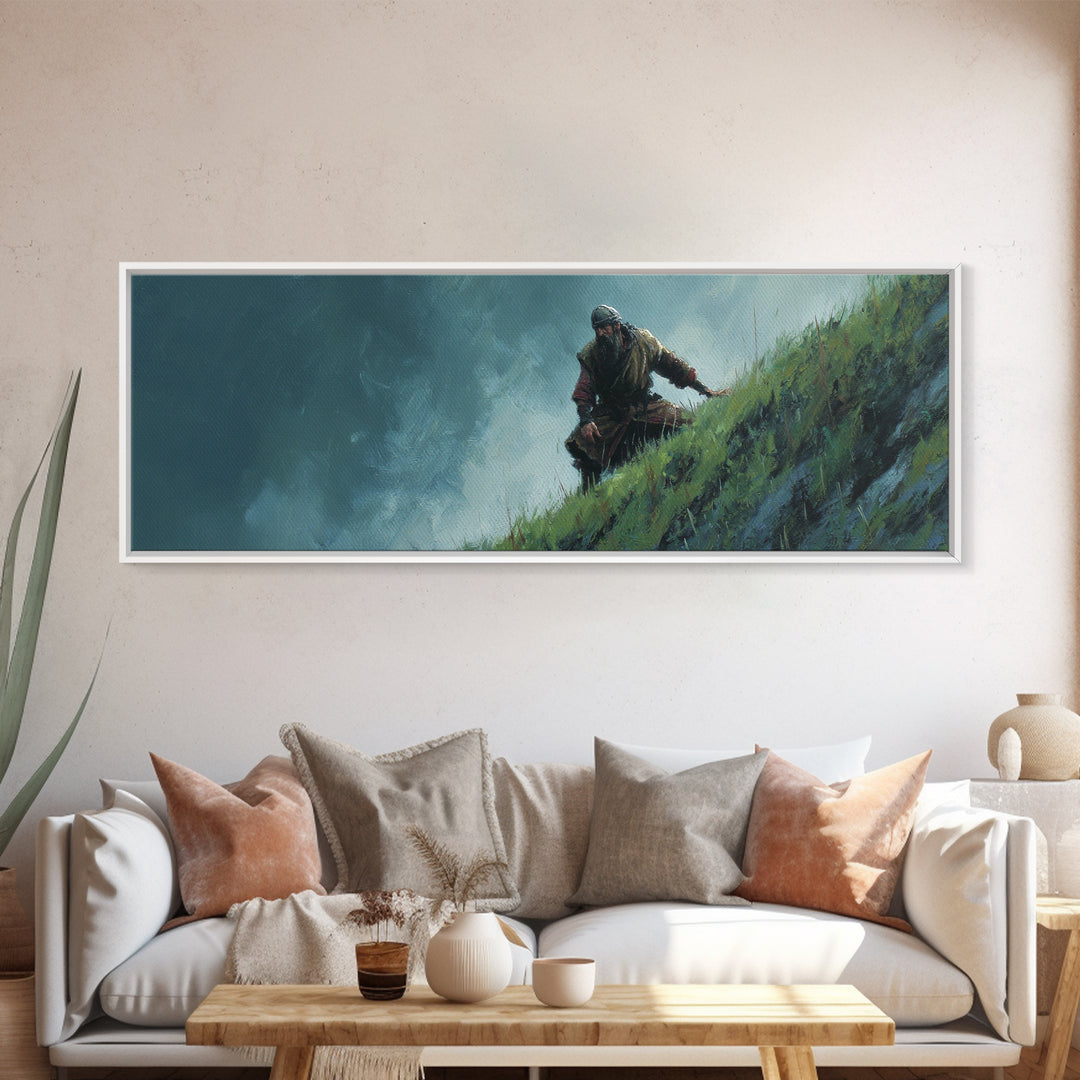 Warrior Climbing Windy Green Cliff Framed Canvas Print, Adventure Fantasy Wall Art, Moody Nature Decor For Office And Bedroom