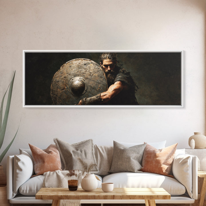 Dark Viking Warrior With Weathered Shield Wall Art, Norse Battle Portrait, Masculine Office Decor, Gothic Man Cave Decor Gift